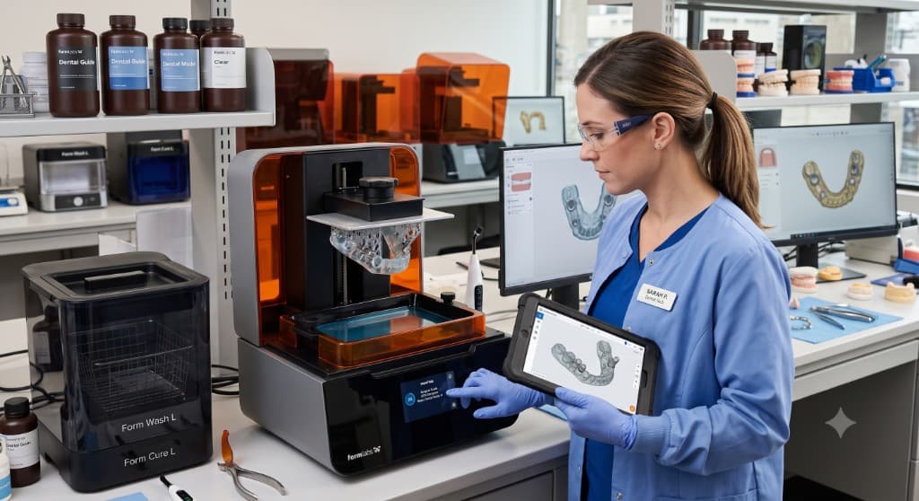 Técnica dentária a operar impressora Formlabs com design CAD e resinas biocompatíveis